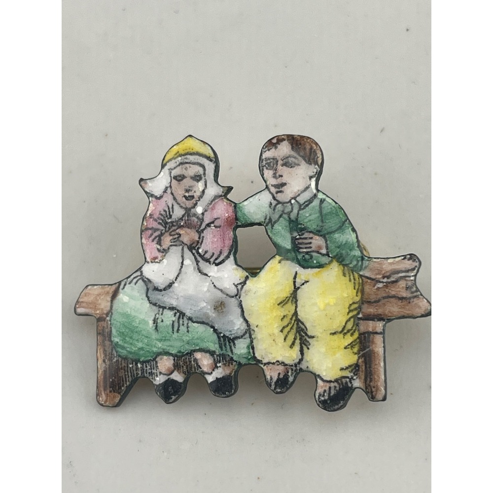 Vintage Czech Figural Brooch Couple on Bench Hand Painted Enamel Pin‎ Vintage